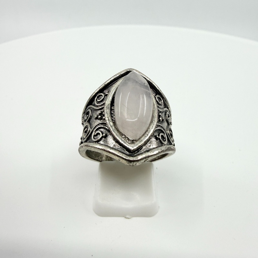 Vintage Boho Pink Rose Quartz Filigree Ring Silver Tone Retro Size 9